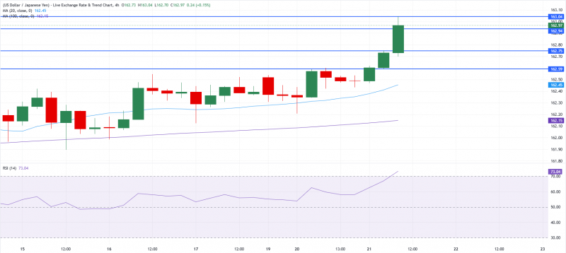 USD/JPY поднимается выше 163,00 впервые с 1986 года